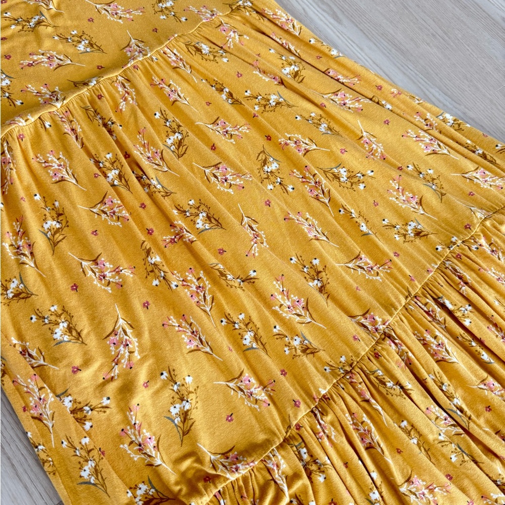 DOWNEAST Mustard Floral Tiered Midi Dress Long Sleeve Size Medium - Picture 3 of 5